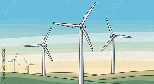 Cartoon-style illustration of wind turbines producing clean energy on a green landscape
