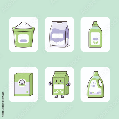 Professional cleaning set with pink detergent bottle blue spray and yellow sponge featuring cute character mascot