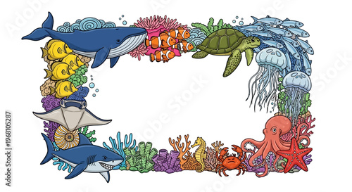 Colorful ocean creatures border frame design.