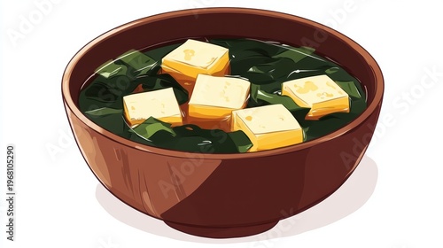Bowl of Seaweed Soup with Cubes of Soft Tofu in a Warm, Earthy Ceramic Dish Ideal for Healthy Eating and Culinary Arts Displays