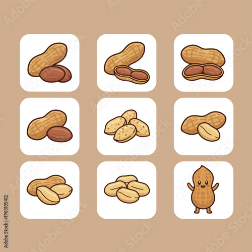 Collection of soy milk products including soybeans glass bottle and cute soybean mascot character icon