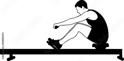 Black and white silhouette of person rowing on machine, symbolizing fitness and sports activity.