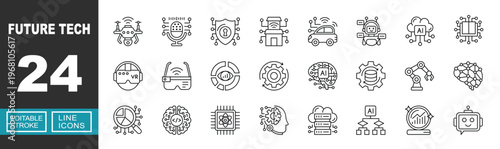 Future Tech icon set. Includes drone technology, virtual reality, smart mobility, artificial intelligence, robotics engineering. Editable stroke line icons.