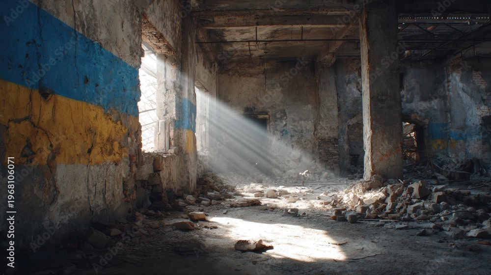 Fototapeta premium Abandoned Warehouse with Shattered Walls and Sunlight Streaming In