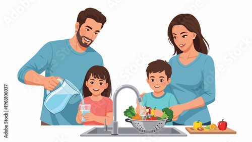 A happy family embracing healthy lifestyles by preparing fresh food and staying hydrated together, fostering well-being and active living in their daily routine