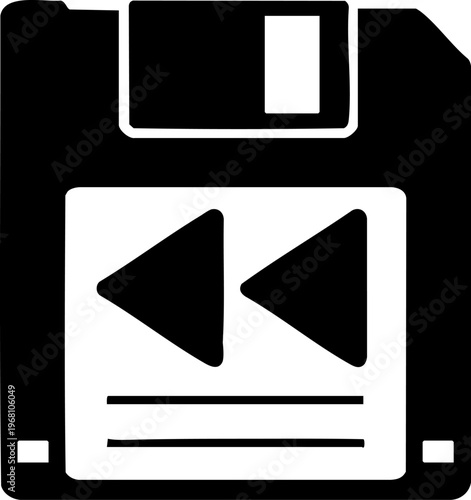 black floppy disk icon with white label and rewind symbols over transparent background technology symbol.