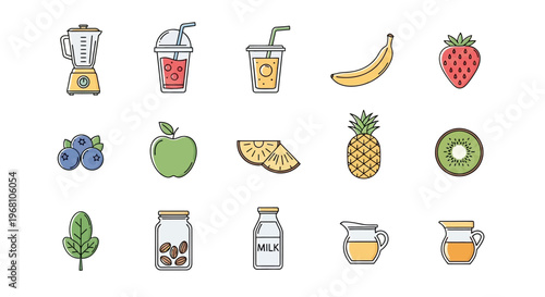Healthy food illustration with fruits, blender, and juice in minimalist flat design style