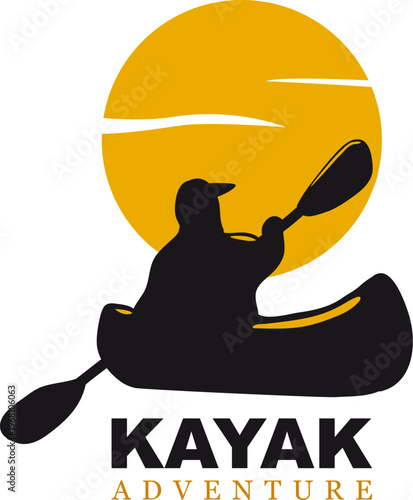 Kayaking sport silhouette logo with person using a kayak for moving over water waves and sun. People rafting on kayak adventure or canoe rowing with paddles in boat. Vector Illustration