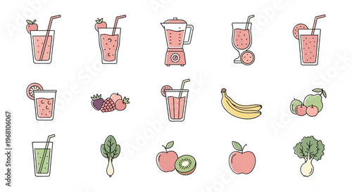 Healthy Smoothie and Fresh Fruit Icons for Dietary Supplements and Nutritional Information