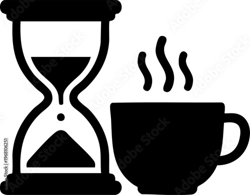 Black hourglass and steaming coffee cup on transparent background signifying time passing and break time.