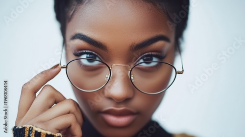 Stunning Portrait of Young Woman Wearing Round Glasses with Bold Makeup and Elegant Expressions in a Soft Light Background