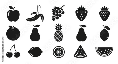 Minimalist monochrome fruit icons set, showcasing fresh produce in a clean and modern style