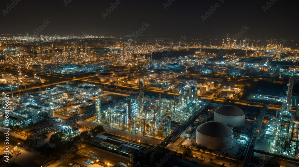 Fototapeta premium Petrochemical refinery operating at night with glowing industrial lights