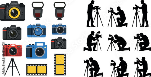 Hand-Drawn Photography Equipment Illustration Set with Cameras, Tripods, Lenses, and Photographers for Digital Media and Photography Designs