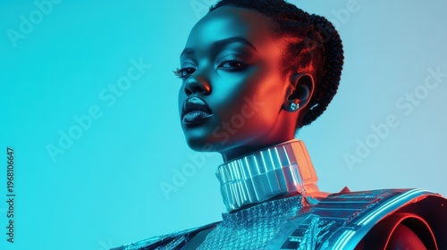 Futuristic Woman with Reflective Skin and Stylish Metallic Outfit Posed Against a Bright Blue and Orange Gradient Background