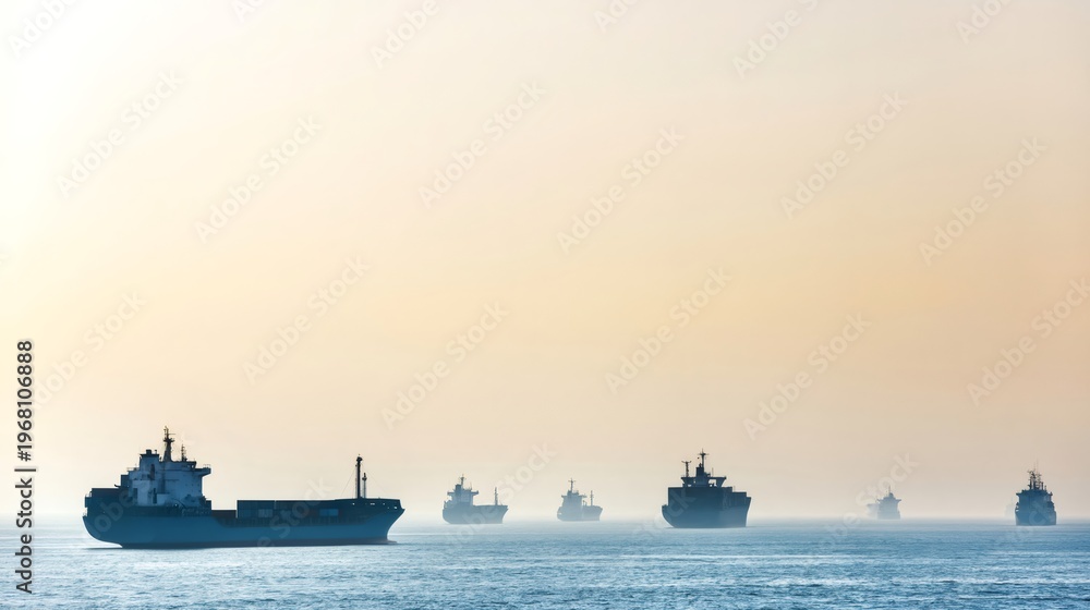 Obraz premium Cargo ships navigating calm ocean waters at sunrise