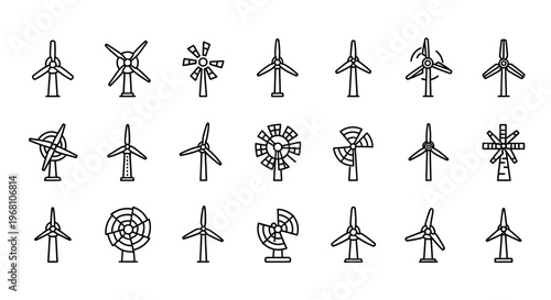 Minimalistic Wind Turbine Illustrations in Linear Style, Showcasing Renewable Energy Concepts