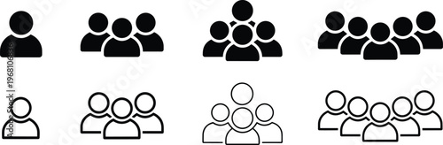 User Group Icons in Solid Fill and Outline Styles Showing Team Sizes Keywords: group, people, icon, user, avatar, silhouette