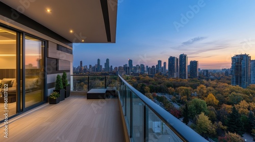 Modern Balcony with Scenic City View at Dusk Overlooking Autumn Trees in Urban Landscape