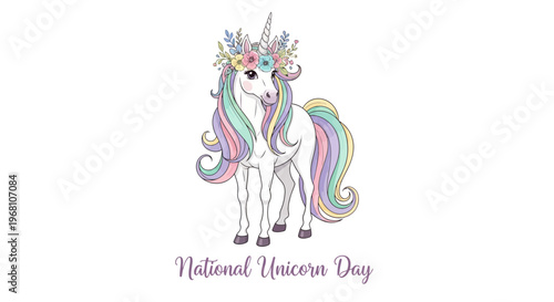Charming illustration of a magical unicorn adorned with a beautiful flower wreath, embodying wonder and fantasy, perfect for whimsical celebrations