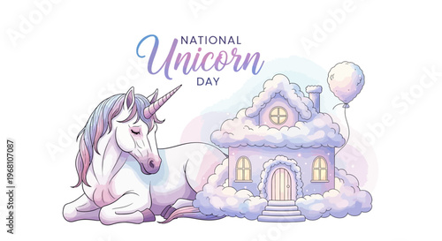 Enchanting Unicorn Illustration with Dreamy Cloud House, Celebrating a Magical Fantasy Day for Mythical Creatures and Wonder