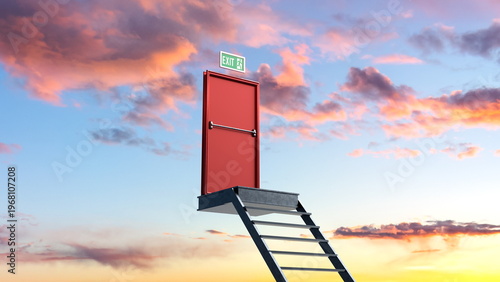 red door stands on a ladder against a backdrop of colorful clouds during sunset. scene shows an empty setting with a sense of curiosity. 3d render