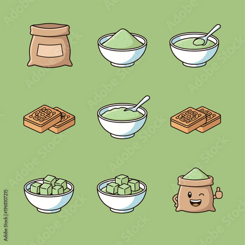 Frozen food packaging designs for dumplings and noodles with transparent windows and cute noodle mascot character