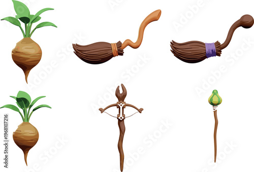 Hand-Drawn Magical Tools Illustration Set with Broomsticks, Wands, and Turnips for Fantasy and Mystical Art Concepts