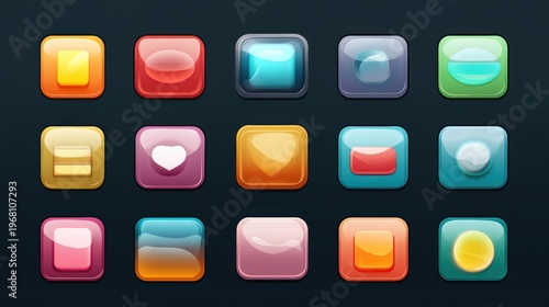 Colorful Glossy Buttons Collection for User Interface Design and Web Applications Featuring Various Shapes and Vibrant Colors