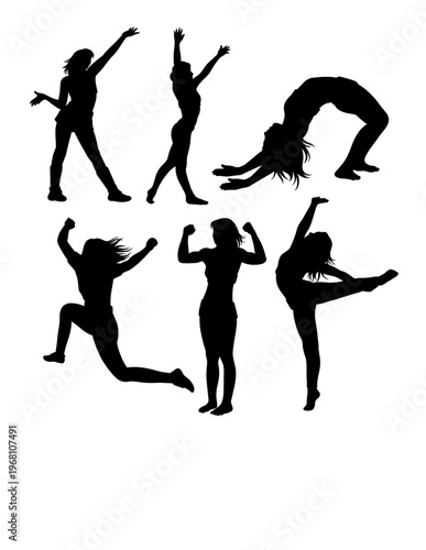 Dancing and jumping sport training silhouette. Black  female pose