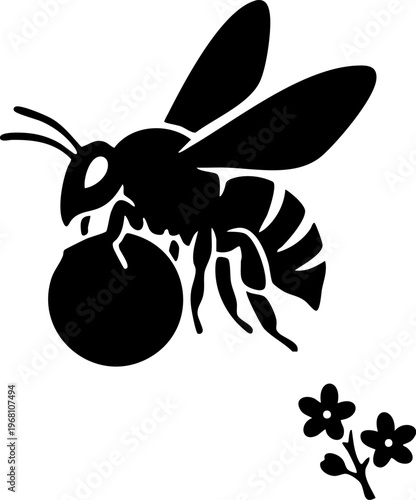 Black silhouette of bee carrying pollen ball with flowers on transparent background for design.