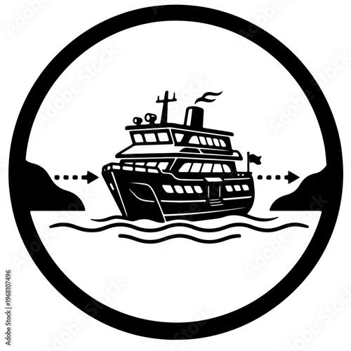 Maritime connectivity icon in black and white. Concept of a ferry connecting two islands, symbolizing inter-island transportation, nautical travel routes, and regional logistics.
 