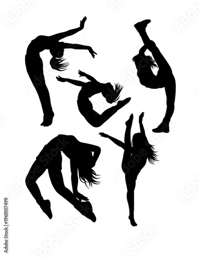 Dancing and jumping sport training silhouette. Black  female pose