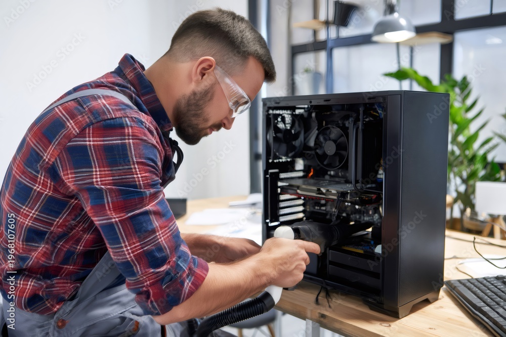 Fototapeta premium Technician cleaning computer hardware components for maintenance and repair