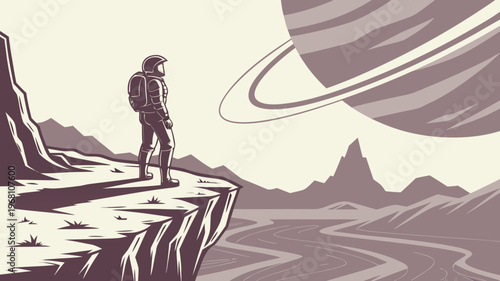Astronaut in a spacesuit standing on an alien world's cliff, observing a majestic ringed planet in the cosmic sky, representing human space exploration.
