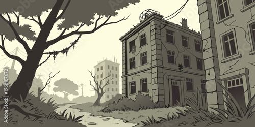 Abandoned buildings stand amidst overgrown vegetation in a desolate urban landscape with a tree and power lines