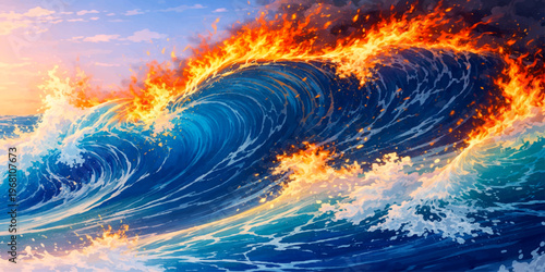 An abstract sunset displays burning orange flames of fire in the blue sky and water as sunlight creates a beautiful heat haze through red clouds at dusk