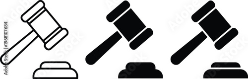 Simple black and white line icon set of gavel and sound block in different styles for legal or auction concepts  various designs