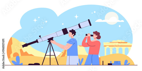 Man and woman stargazing together using a telescope and binoculars outdoors at night