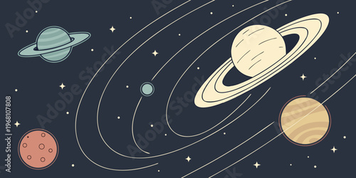 Colorful vector illustration of planets and rings in outer space with stars