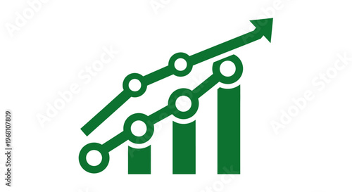 Green illustration showing upward trends and growth in business and finance on white background