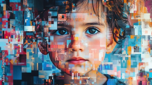 Ethereal Portrait of a Child Surrounded by Abstract Digital Patterns and Colorful Pixels Representing Technology and Modern Art