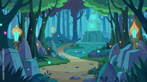 Whimsical forest path at dusk with glowing lanterns and mystical ambiance