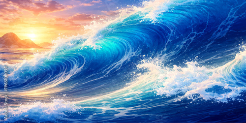 A beautiful summer landscape features a bright sun and blue sky reflected in the rhythmic motion of the ocean waves