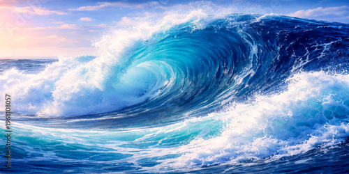 A blue wave of sea water surges under a bright summer sky where sunlight reflects off the vast ocean horizon amidst a beautiful nature cloudscape