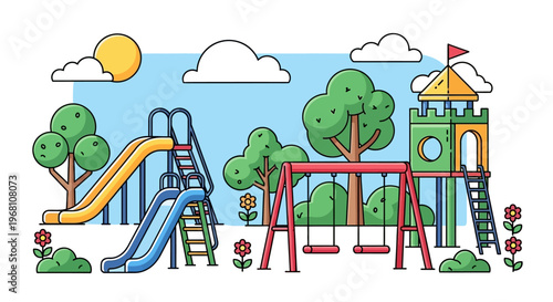 Vibrant park playground with swings, slides, and a castle tower, perfect for outdoor fun and childhood adventures