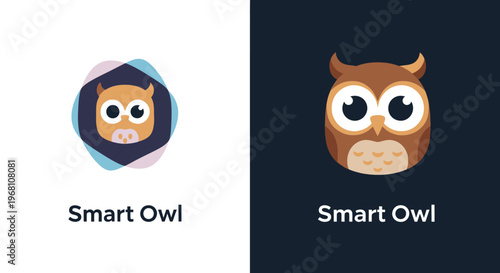 Illustration of a smart owl logo design against both white and dark blue backgrounds