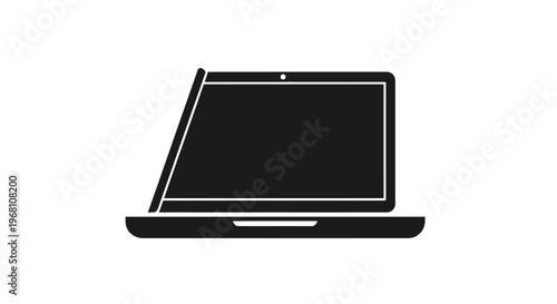 Minimalist black and white illustration of a modern laptop computer, digital device