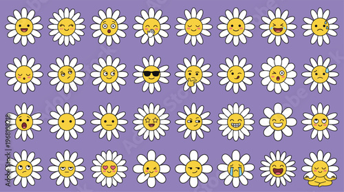 Spring floral smiley face sticker set, cute doodle collection, expressive daisies, joyful laughter, funny reactions, calm emotions, and playful feelings.