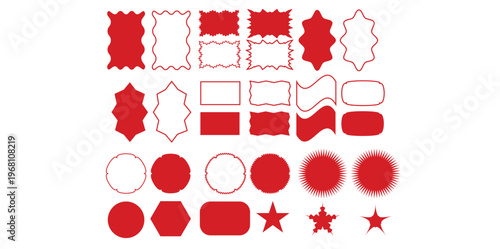 Red vintage label set with 32 decorative frames, ornamental border collection for price tags, retro sale stickers and blank badge vector elements